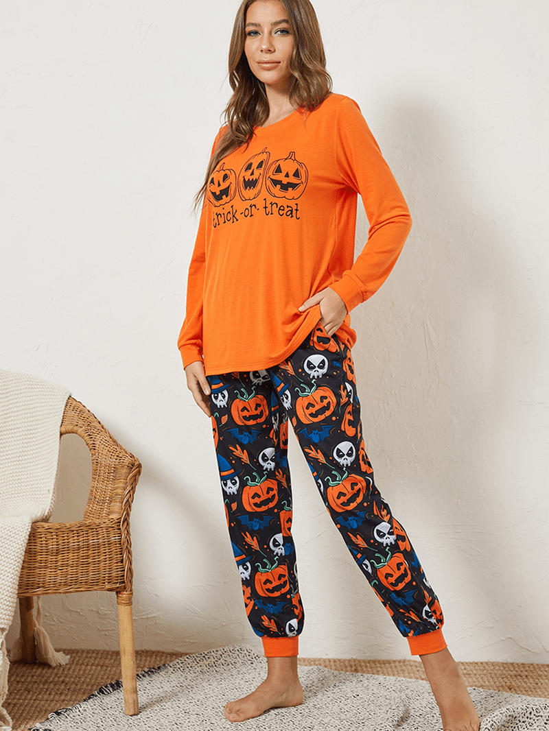 Plus Size Women Halloween Cartoon Pumpkin & Ghost Elastic Waist Jogger Pants Cozy Pajama Set - MRSLM