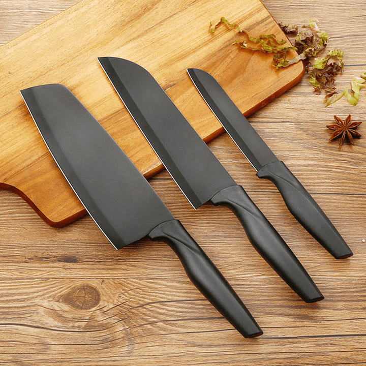 3PCS Black Stainless Steel Kitchen Knife Coating Non-Stick Sharp Blade Chef Knife Set Light Weight Handle Kitchen Knife Gift - MRSLM
