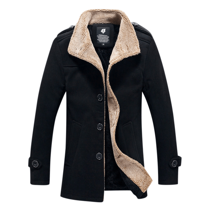 Mens Mid-Long Stand Collar Solid Color Epaulet Thick Fleece Single-Breasted Jacket Coats - MRSLM