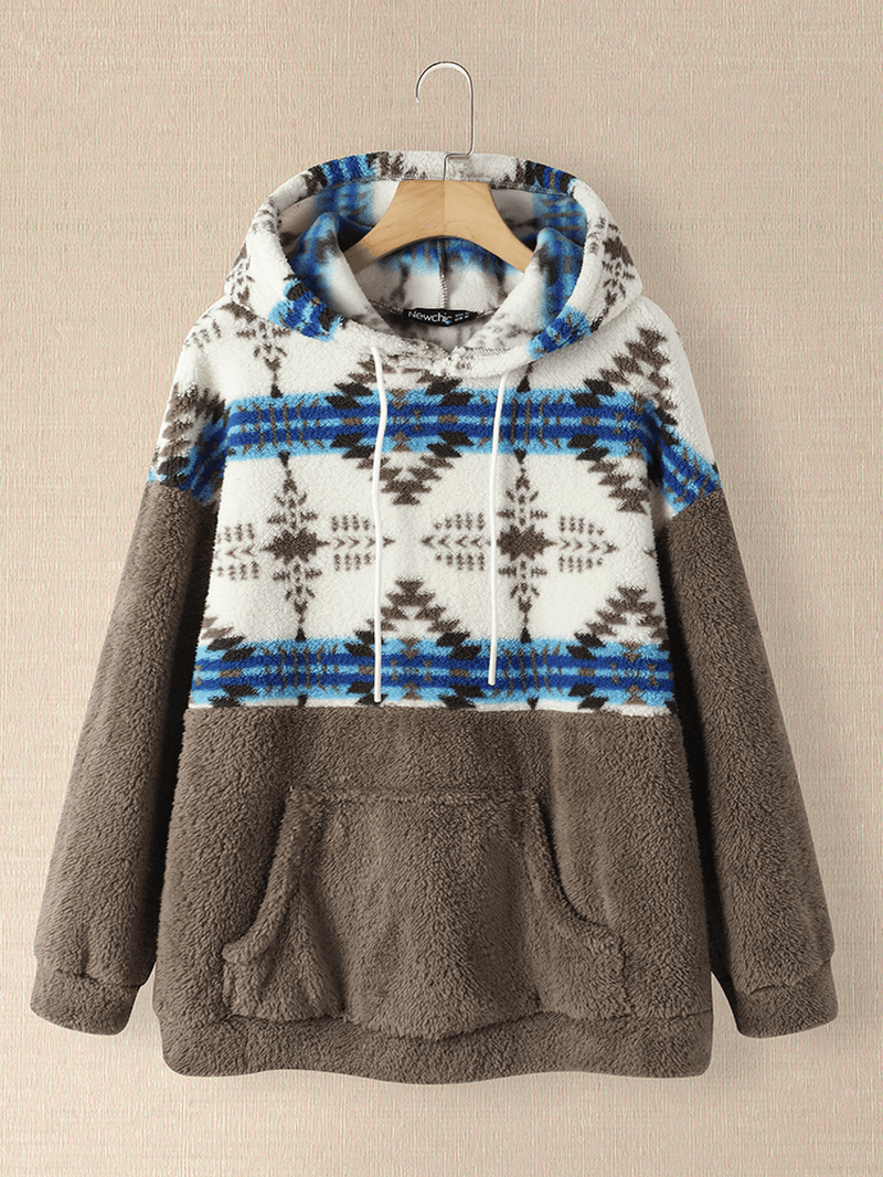 Women Tribal Pattern Patchwork Drawstring Casual Homewear Lamb Loose Hooded Sweatshirt - MRSLM