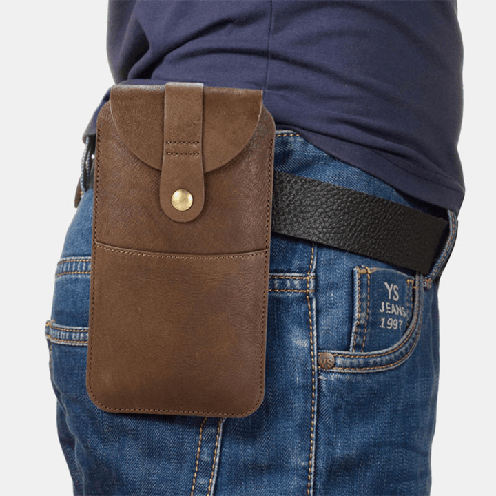 Men Vintage Genuine Leather Long Phone Bag Belt Bag Waist Bag - MRSLM