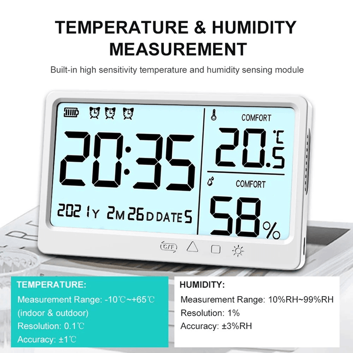 Multifunctional Temperature and Humidity Meter High Precision Thermo-Hygrometer with LCD Screen Backlight - MRSLM