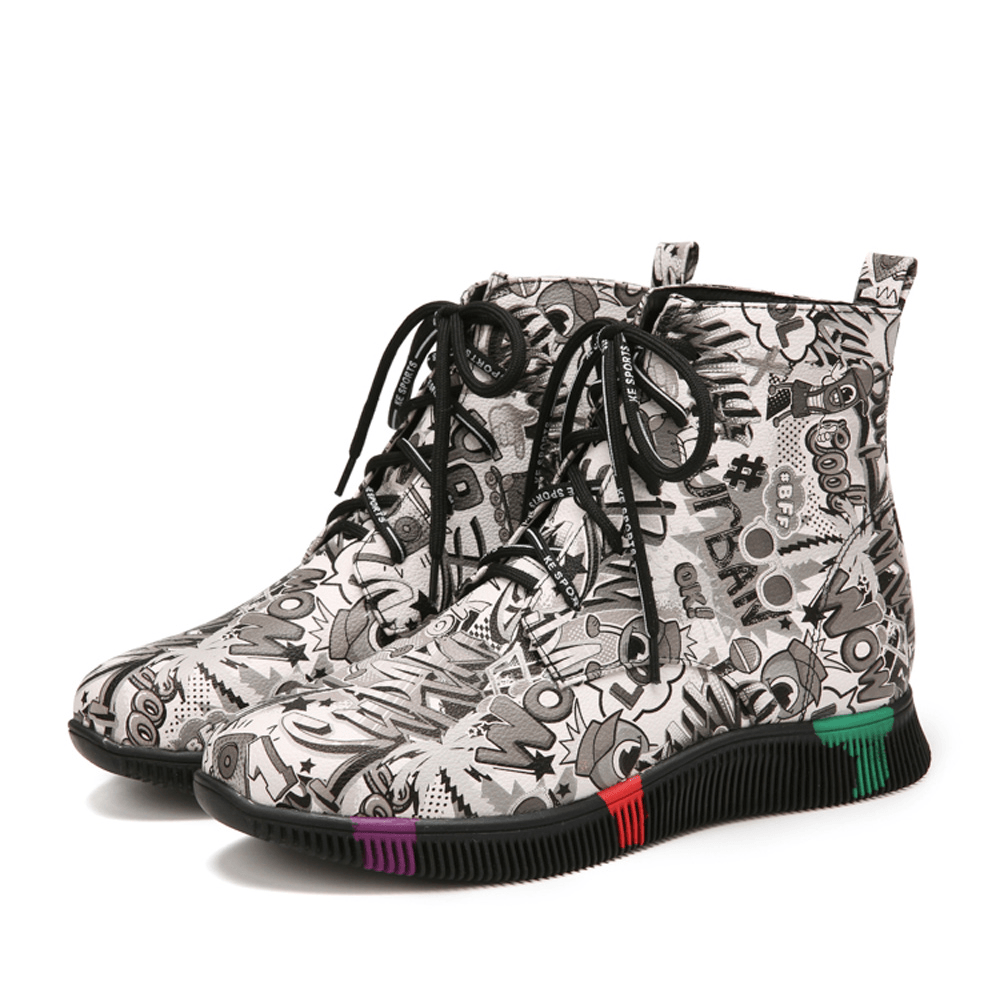 Women Casual Letter Graffiti Printing Multicolor Lace up Short Combat Boots - MRSLM