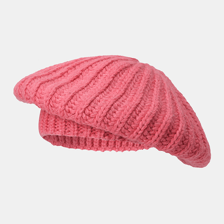 Women Rabbit Hair Blend Knitted Hat Solid Color Thicken Warmth Beret Cap - MRSLM