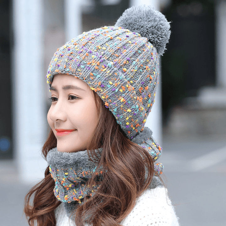 Thick Warm Wool Cap Bib Two-Piece Set Beanie Warm Winter Pom Cap - MRSLM