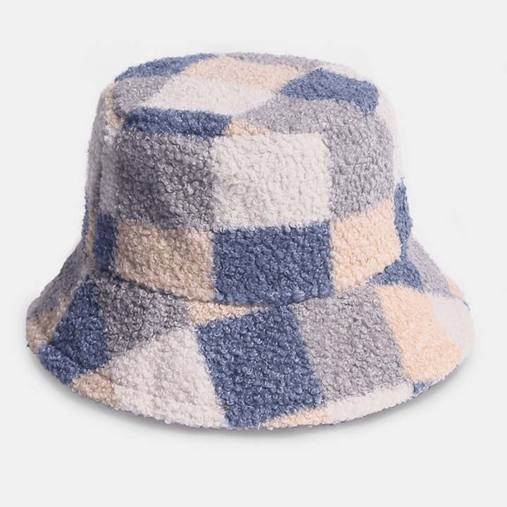 Women Cotton Lamb Hair Warm Casual Fashion All-Match Lattice Pattern Bucket Hat - MRSLM