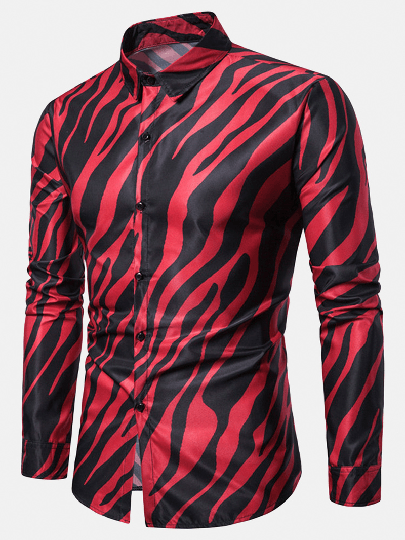 Mens Zebra Pattern Print Stylish Lapel Relaxed Fit Long Sleeve Shirts - MRSLM