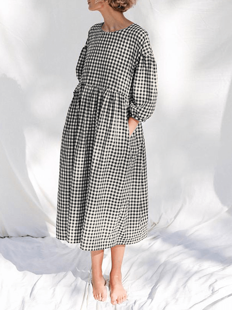 Women Plaid Print Pleated round Neck Casual Half Sleeve Midi Dresses - MRSLM