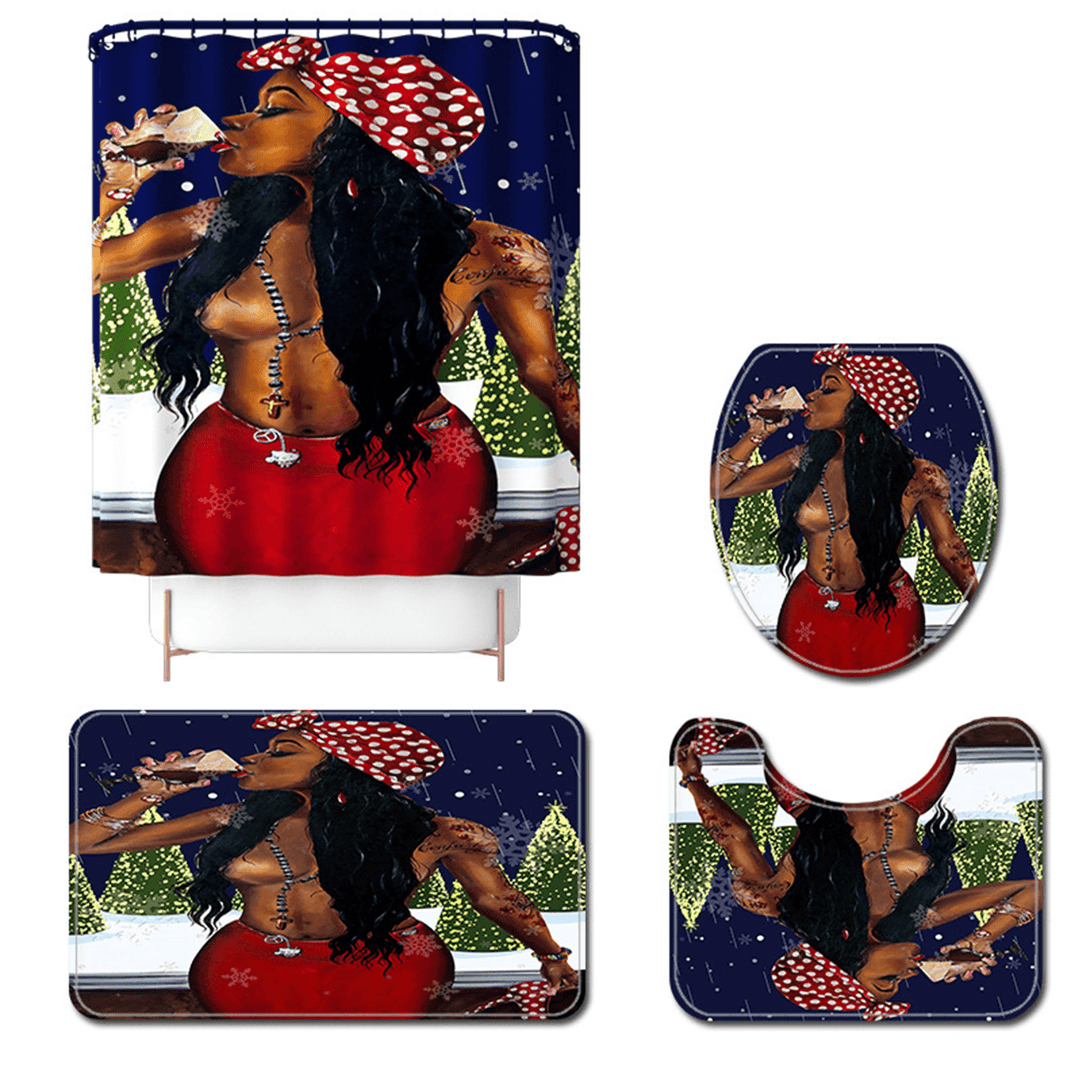 Christmas African Girl Printing Bathroom Shower Curtain Set Toilet Cover Mat Bathroom Non-Slip Mat Rug Kit - MRSLM