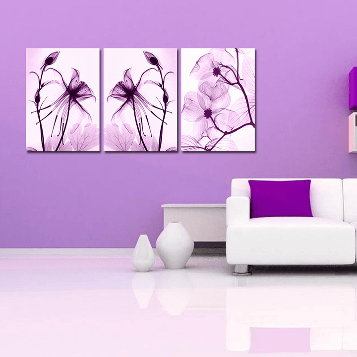 Miico Hand Painted Three Combination Decorative Paintings Botanic Purple Flowers Wall Art for Home Decoration - MRSLM