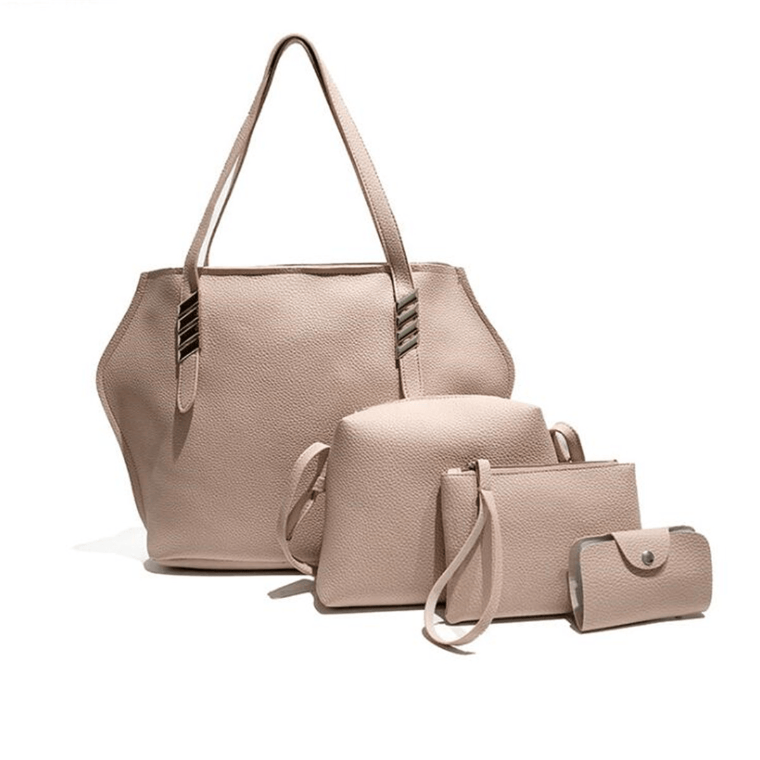 4Pcs Faux Leather Solid Leisure Handbag Shoulder Bag - MRSLM