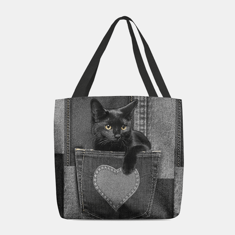 Women Felt Cute 3D Three-Dimensional Black Cat inside Jeans Pattern Shoulder Bag Handbag Tote - MRSLM