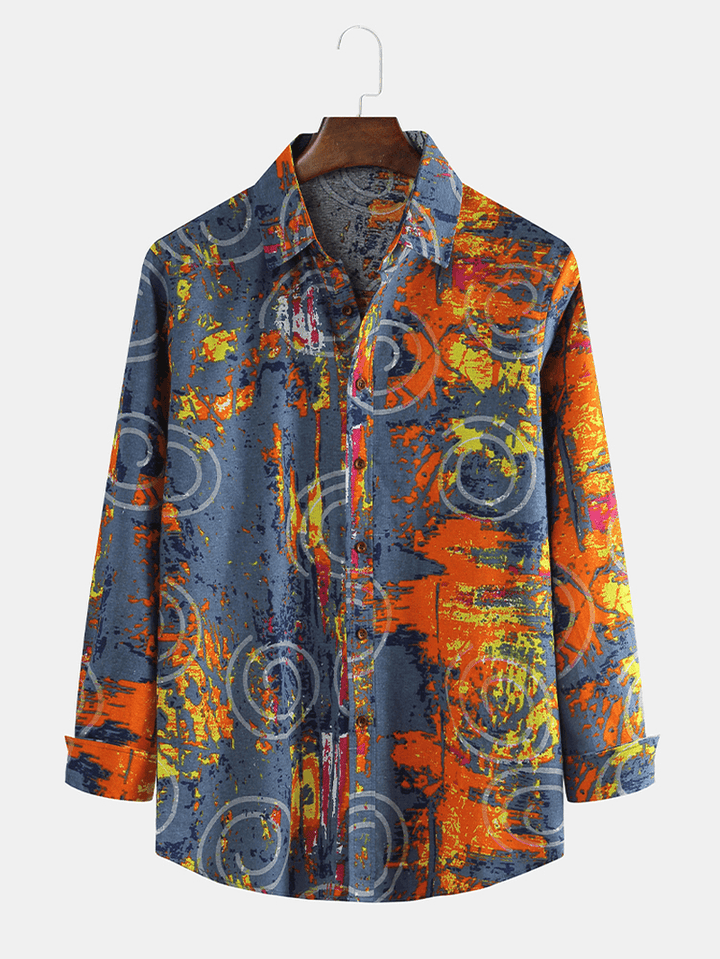 Mens Linen Fashion Multi Patterns Printing Long Sleeve Casual Shirts - MRSLM