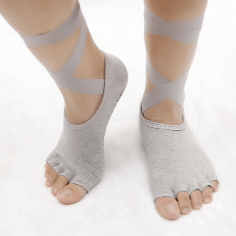 Women Ladies Five Finger Toes Yoga Socks Ballet Sports Lace Non-Slip Exposed Instep Yoga Socks - MRSLM