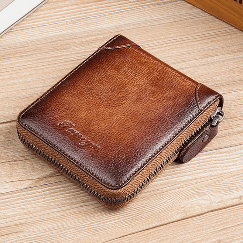 Men First Layer Cowhide RFID Anti-Magnetic Zipper Wallet Short Bifold 7 Card Slot Card Case Driver License Wallet - MRSLM