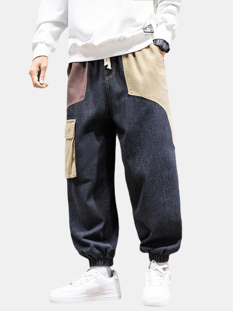 Mens Patchwork Multi Pocket Drawstring Elastic Waist Loose Jogger Jeans - MRSLM