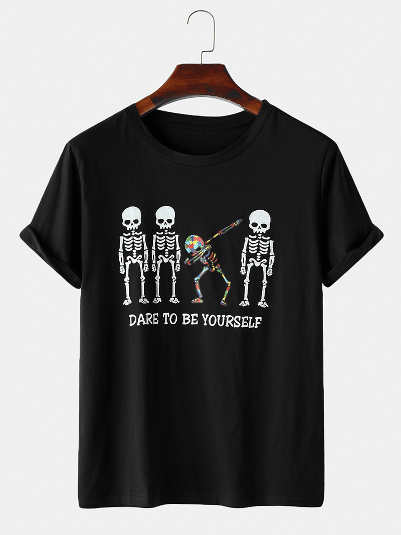 Mens Design Slogan Print Skeleton Pattern Short Sleeve T-Shirts - MRSLM