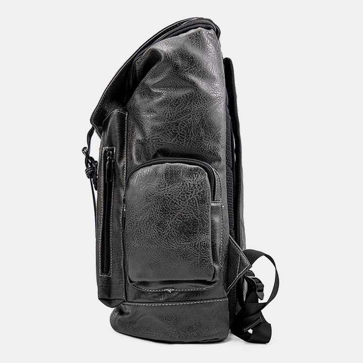 Men PU Leather Multi-Pocket Large Capacity Student Backpack Vintage 15.6 Inch Laptop Bag - MRSLM