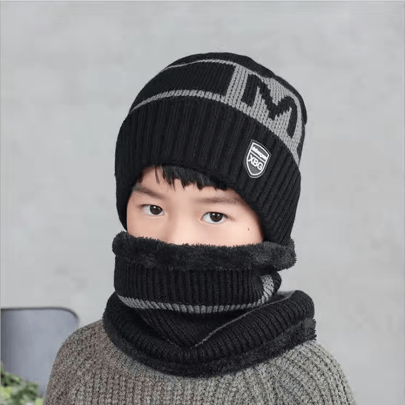 Children'S Hats for Autumn and Winter New Boys' Hats and Bibs Set Korean Letters Knitted Hedging Warm Woolen Caps - MRSLM