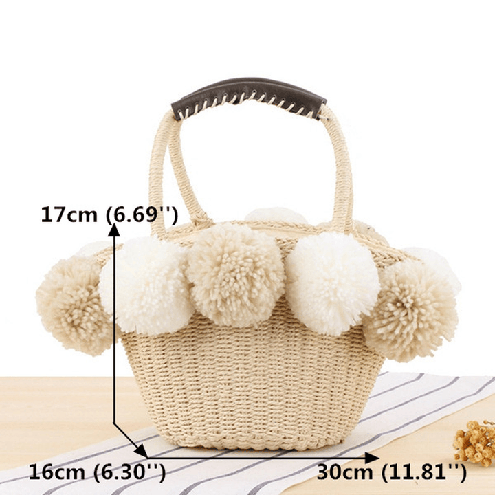 Women Travel Woven Beach Bag Cute Contrast Plush Ball Straw Handbag - MRSLM