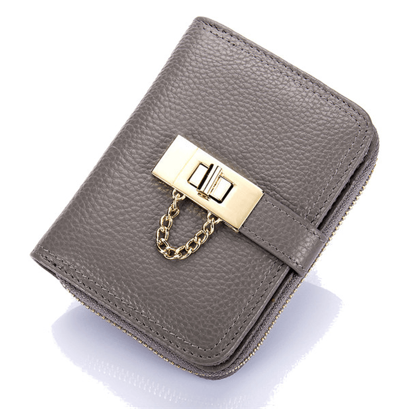 Women Genuine Leather Zipper Card Holder Chain Lock Short Purse Wallets - MRSLM