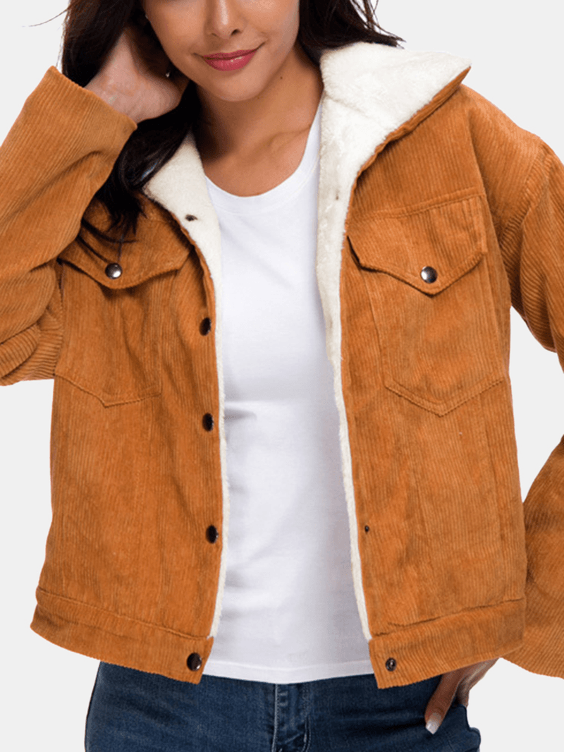 Women Faux Shearling Lined Corduroy Double Pocket Casual Teddy Jacket - MRSLM