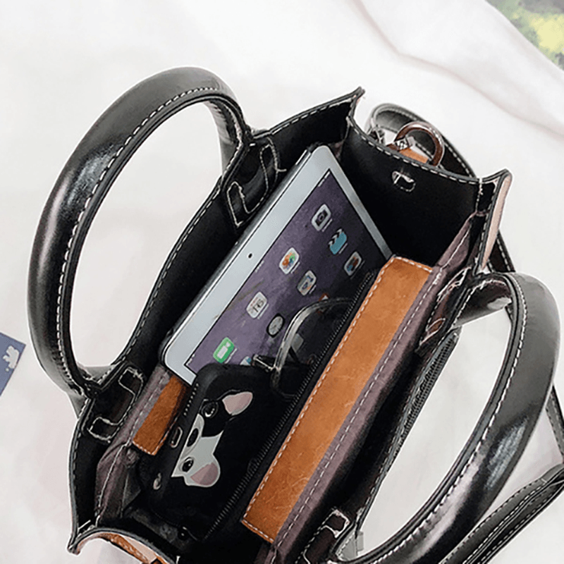 Women PU Leather Tote Handbag Retro Solid Leisure Crossbody Bag - MRSLM