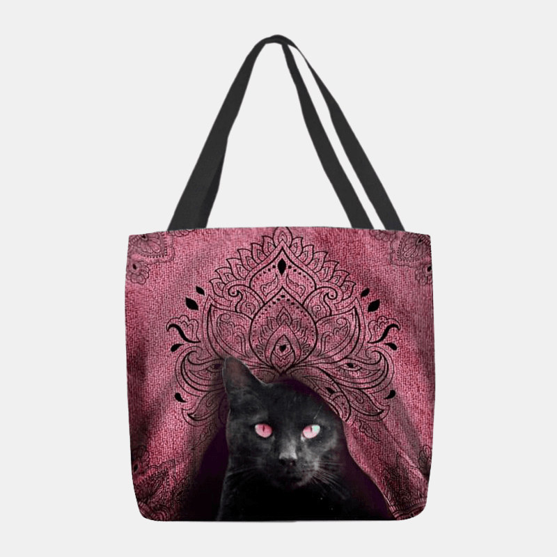 Women Canvas Cute Black Cat Pattern Handbag Tote Shoulder Bag - MRSLM