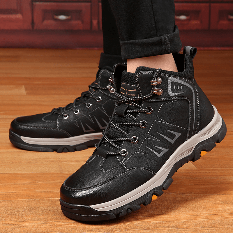 Men Cowhide Leather Comfy Soft Sole Warm Lined Lace up Sports Casual Running Shoes - MRSLM