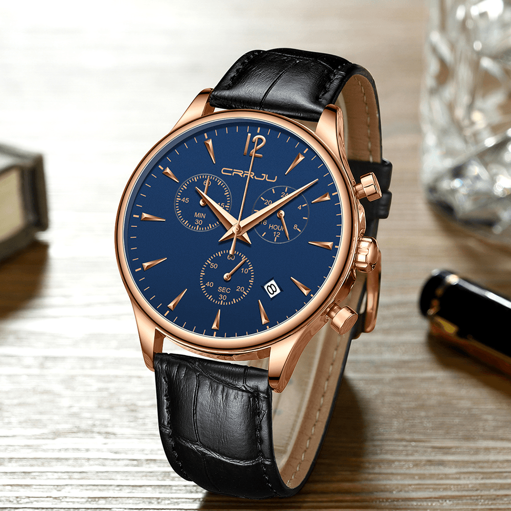 CRRJU 2272 Fashion Leather Strap Japan Movement Calendar Waterproof Men Quartz Watch - MRSLM