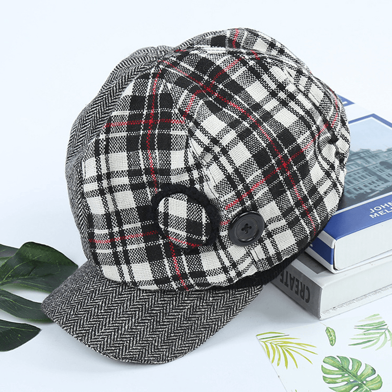 Women Retro Patchwork Stripe Plaid Beret Caps Winter Vintage Cotton Painter Newsboy Hat - MRSLM