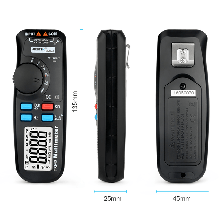 MESTEK DM92A Digital Multimeter 6000 Counts True RMS Digital Multimetro Auto Range DC/AC Multimetester Diode Temperature Tester - MRSLM