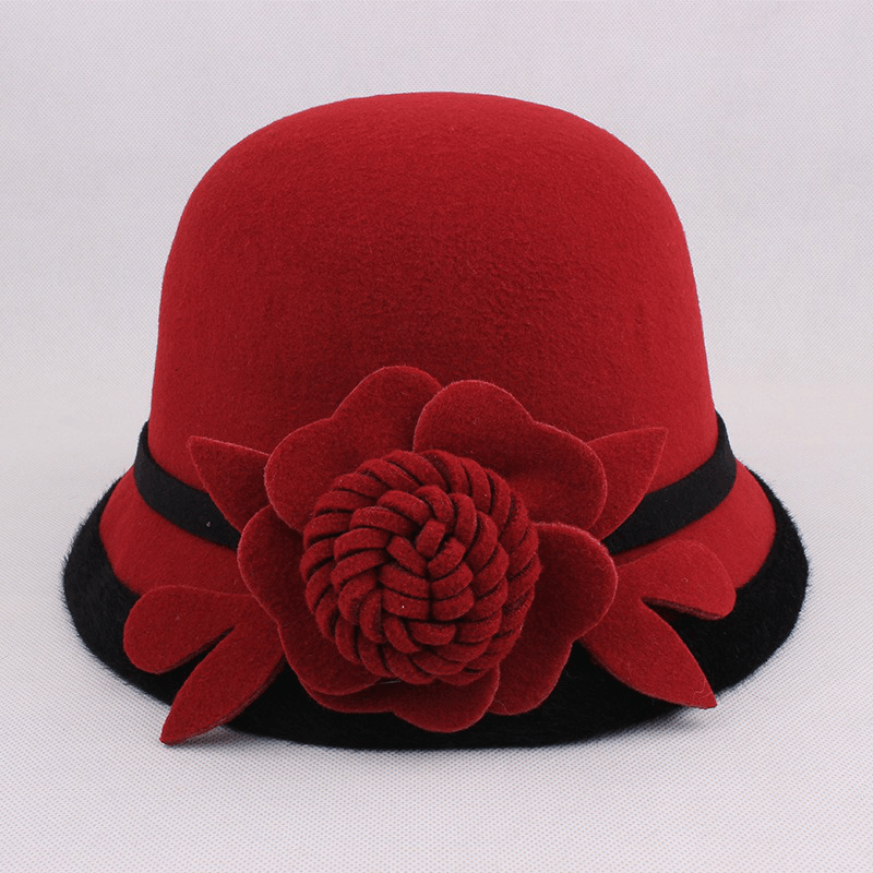 Women Warm Woolen Bowler Hat Flower Ethnic Bucket Hat - MRSLM