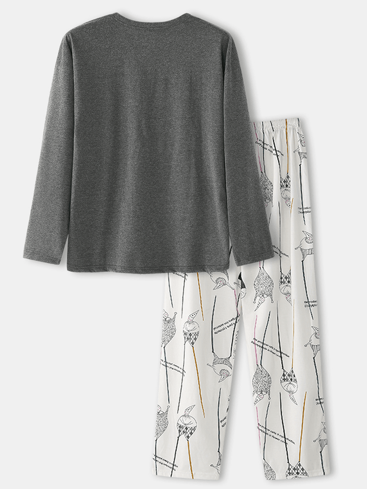 Mens Letter Print Long Sleeve Pullover & Cartoon Figure Graphics Elastic Waist Pants Home Pajama Set - MRSLM