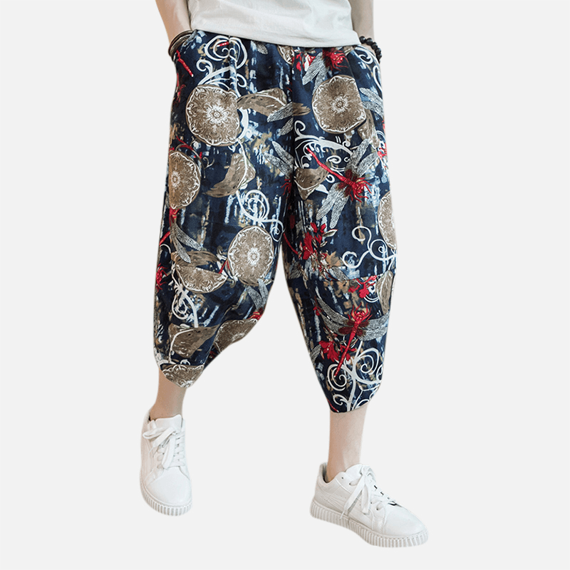 Mens Summer Chinese Style Linen Printing Calf Pants - MRSLM