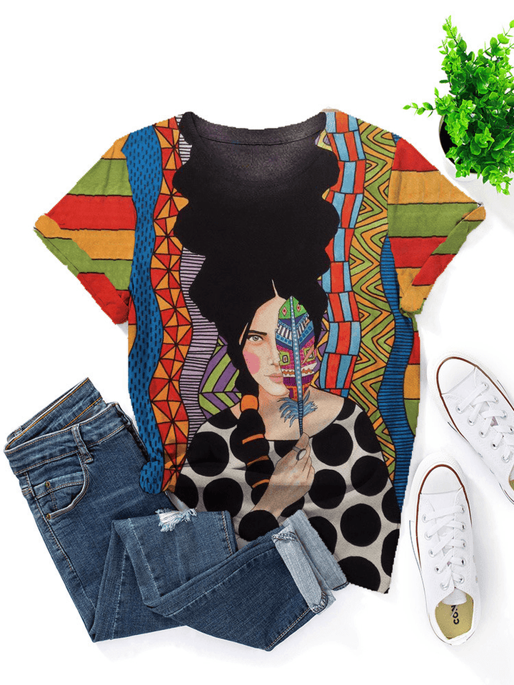 Abstract Figure Print O-Neck plus Size Casual T-Shirt - MRSLM