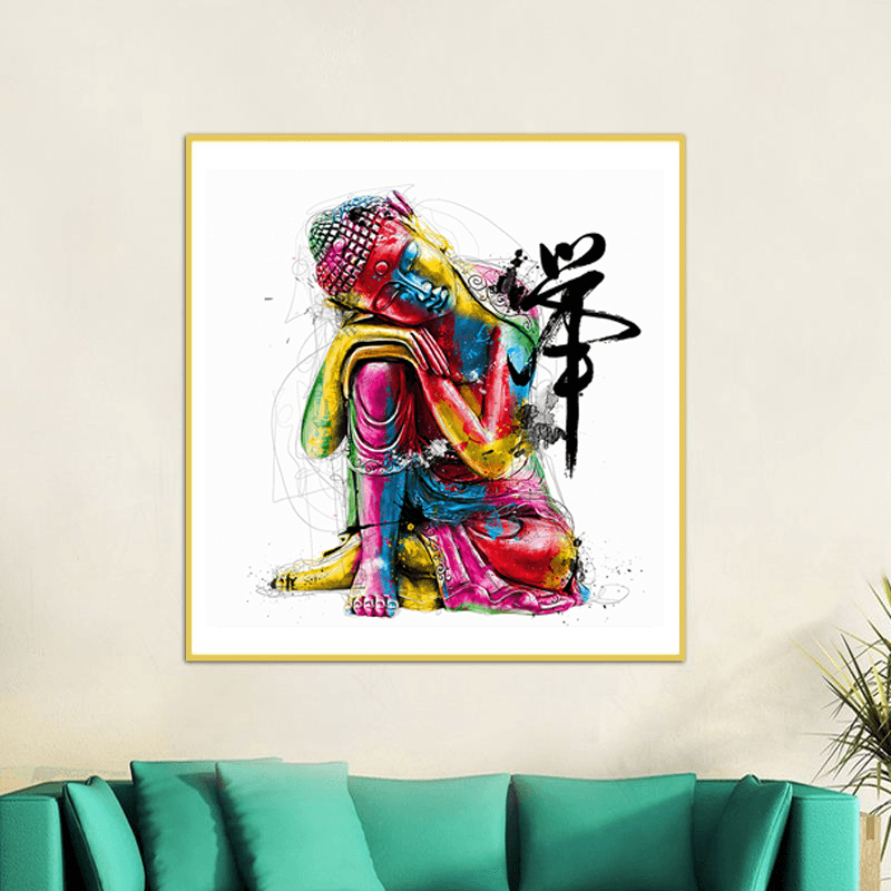 Miico Hand Painted Oil Paintings Abstract Colorful Bud-Dha Head Wall Art for Home Decoration - MRSLM