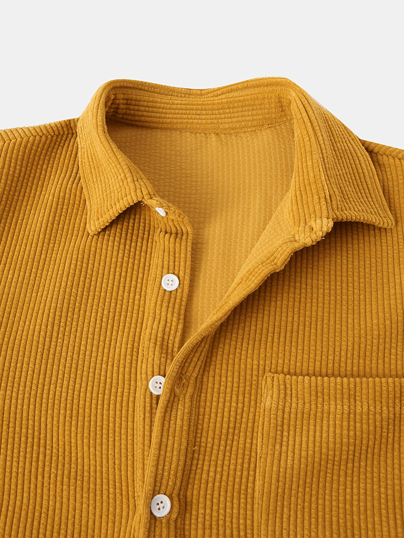 Corduroy Solid Henley Collar Chest Pocket Long Sleeve Shirts - MRSLM