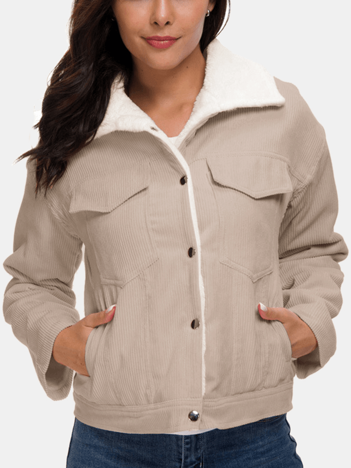 Women Faux Shearling Lined Corduroy Double Pocket Casual Teddy Jacket - MRSLM