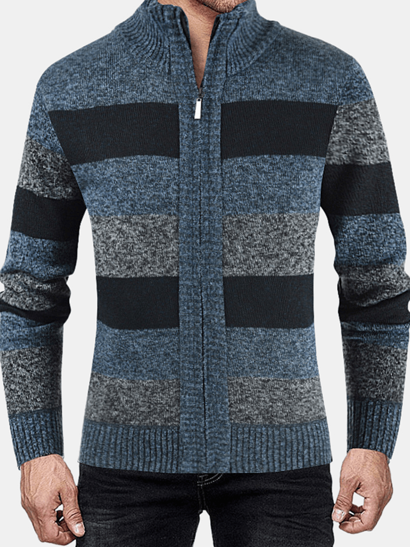 Mens Striped Graphics Knitting Zipper Warm Long Sleeve Sweater Jacket - MRSLM