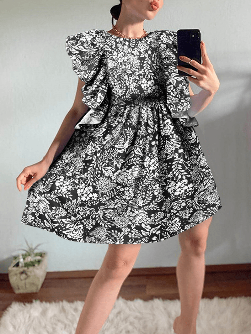 Women Floral Print Ruffle Trims Sleeveless Casual Daily Doll Mini Dress - MRSLM