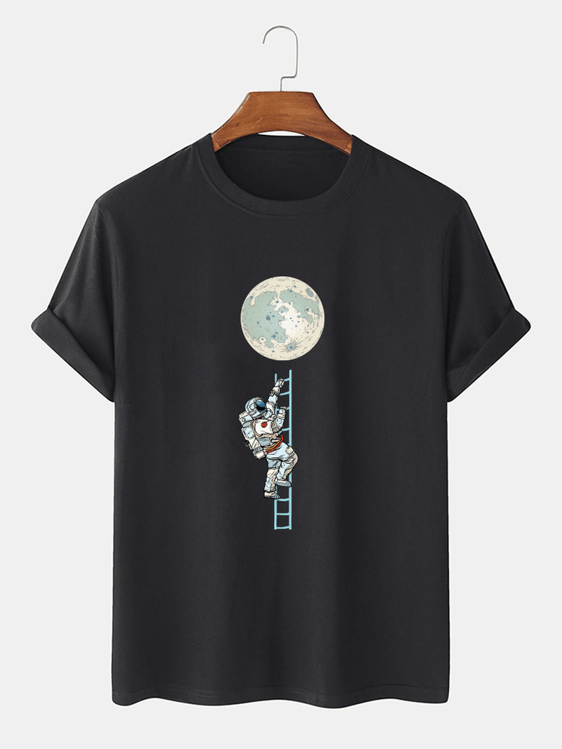 Mens 100% Cotton Funny Astronaut Print Short Sleeve Casual T-Shirts - MRSLM