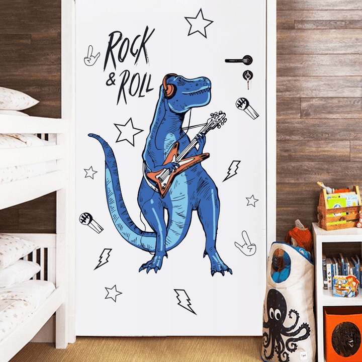 SK9361 Rock Roll Dinosaur Wall Sticker for Kids Room Cartoon Animals Home Decor Art Viny PVC Wallpaper Creative Door Fridge Decoration - MRSLM