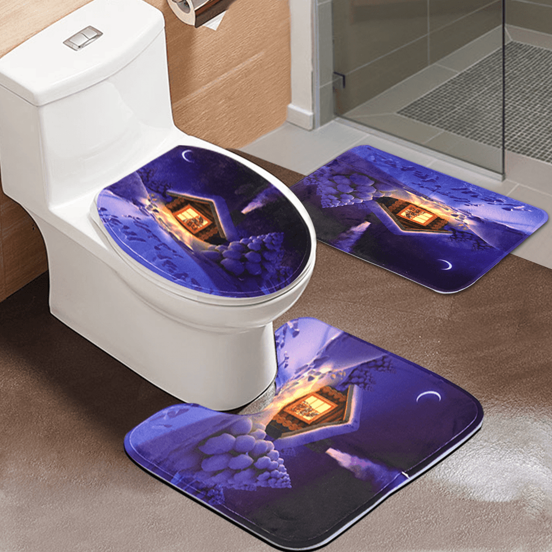 3Pcs Bathroom Set Flannel Carpet Christmas Toilet Non-Slip Rug Lid Pedestal Mat - MRSLM