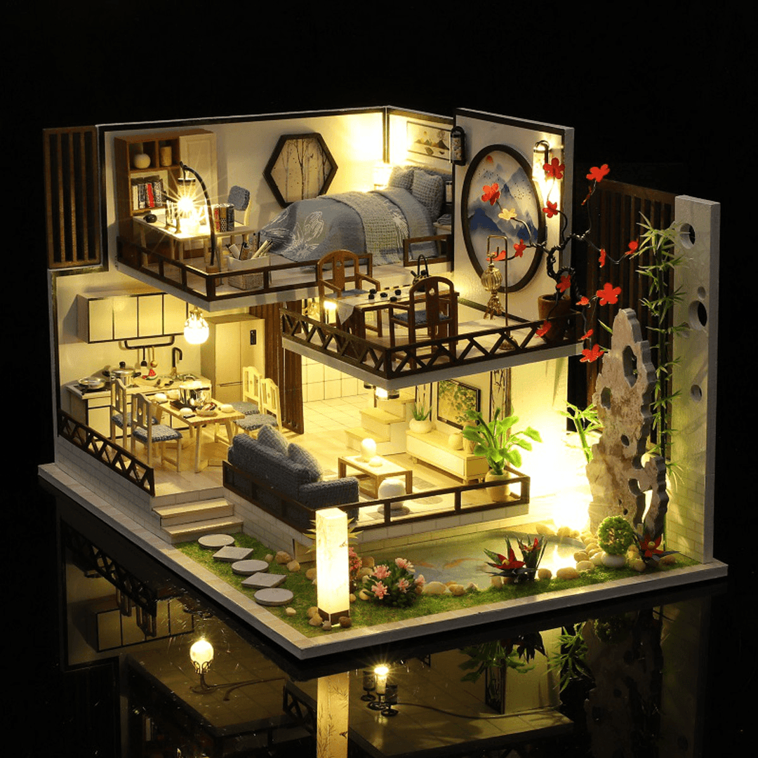 M-029 Chinese Style Wooden DIY Handmade Assemble Doll House Miniature Furniture Kit with LED Effect Toy for Kids Birthday Xmas Gift House Decoration - MRSLM