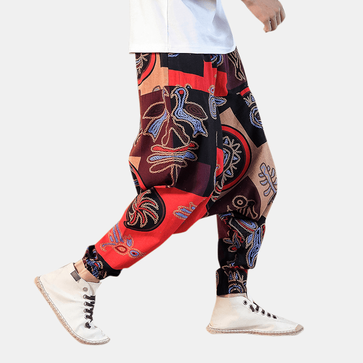 Men'S Hip-Hop Printing Cotton Linen Mid Waist Casual Pants - MRSLM