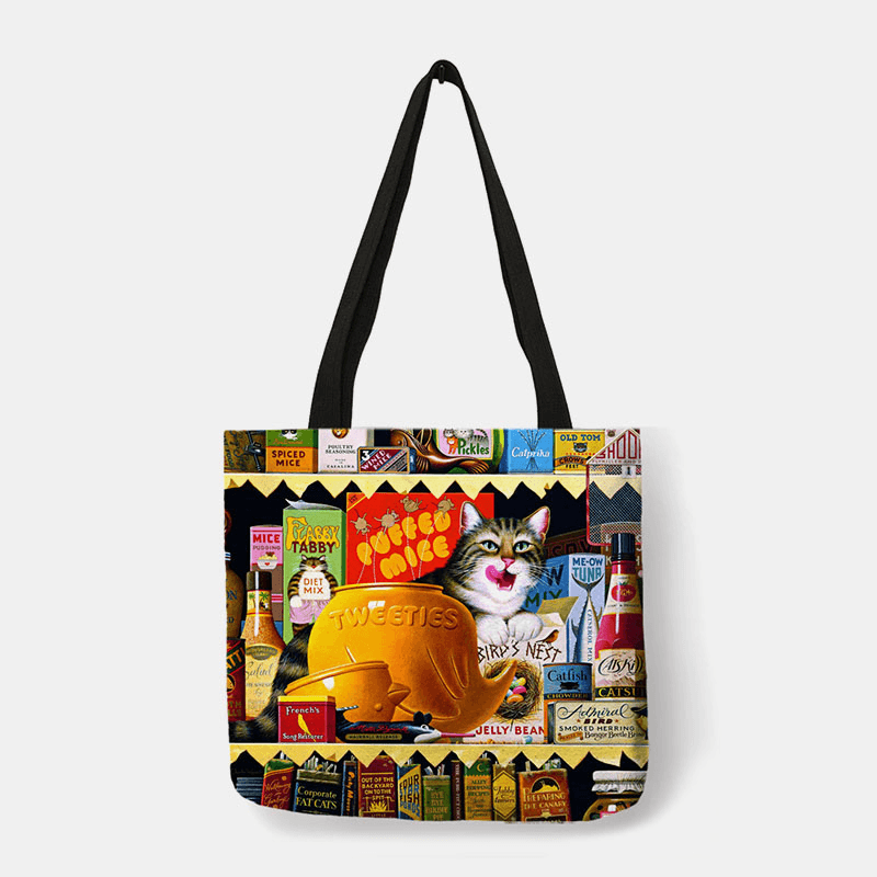 Women Canvas Cute Cartoon Oil Painting Cats Printing Waterproof Shopping Bag Shoulder Bag Handbag - MRSLM