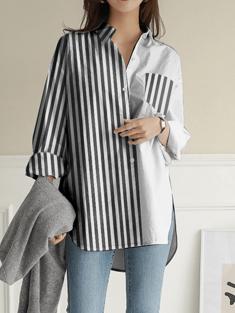 Women Stripes Patchwork High Low Split Hem Casual Long Sleeve Shirts - MRSLM