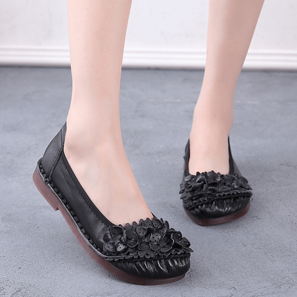 Women'S Solid Color Floral Pleated Soft Flat Driving Shoes - MRSLM