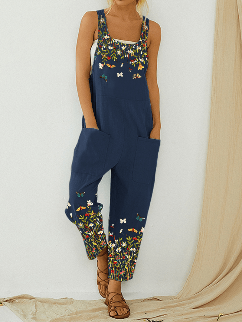 Butterfly Flower Print Strap Button Pocket Casual Jumpsuit Overalls for Women - MRSLM